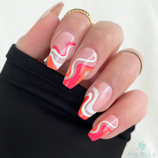Pink Swirl Mid Coffin Press On Nails / 28 Nails with Designs / Fake Nails / Glue On Nails / Nail on Press Nail Short / Press on Nails Short