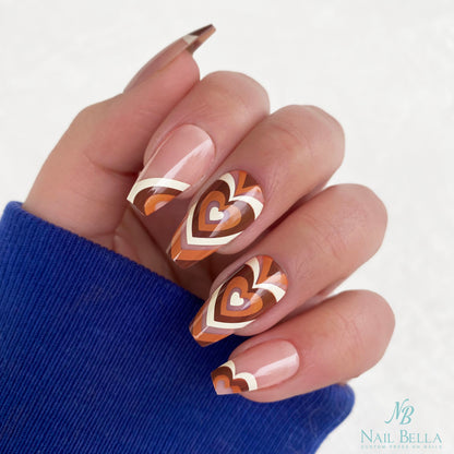 Brown Heart Mid Coffin Press On Nails / 28 Nails with Designs / Fake Nails / Glue On Nails / Nail on Press Nail Short / Press on Nails Short