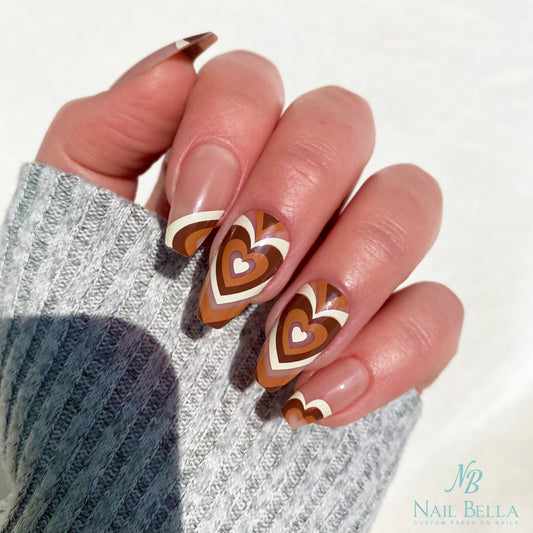 Brown Heart Mid Coffin Press On Nails / 28 Nails with Designs / Fake Nails / Glue On Nails / Nail on Press Nail Short / Press on Nails Short
