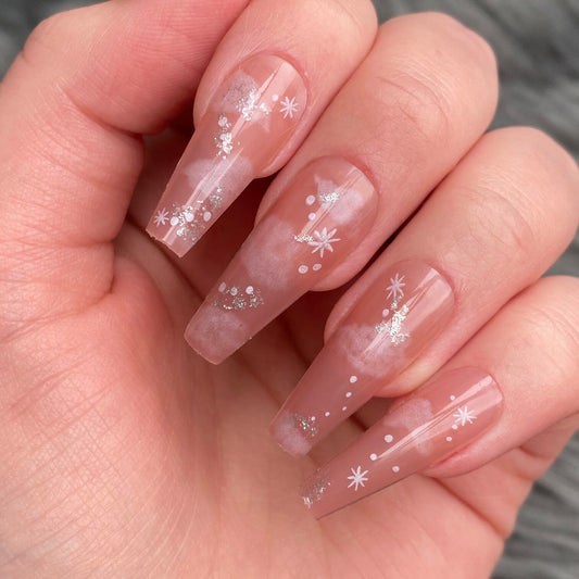 Nude Long Coffin Cloud Press on Nails | Long Coffin Press on nails | 20 Piece Nail Set | Fake False Nails Comes with Nail Glue Ready To Ship
