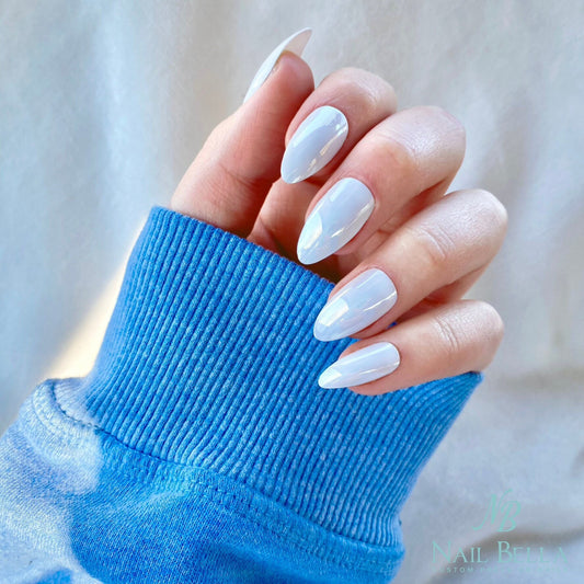 White Chrome Short Almond Press ons | Fake Nails | False Nails | Glue On Nails | White Nails | Short Press on Nails