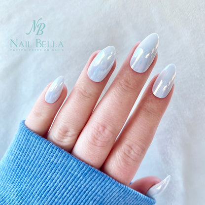 White Chrome Short Almond Press ons | Fake Nails | False Nails | Glue On Nails | White Nails | Short Press on Nails