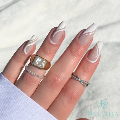 Swirl Design Press on Nails | Long Coffin Press on Nails | White Swirl Design Fake Nails | False Nails | Glue On Nails | White Nails