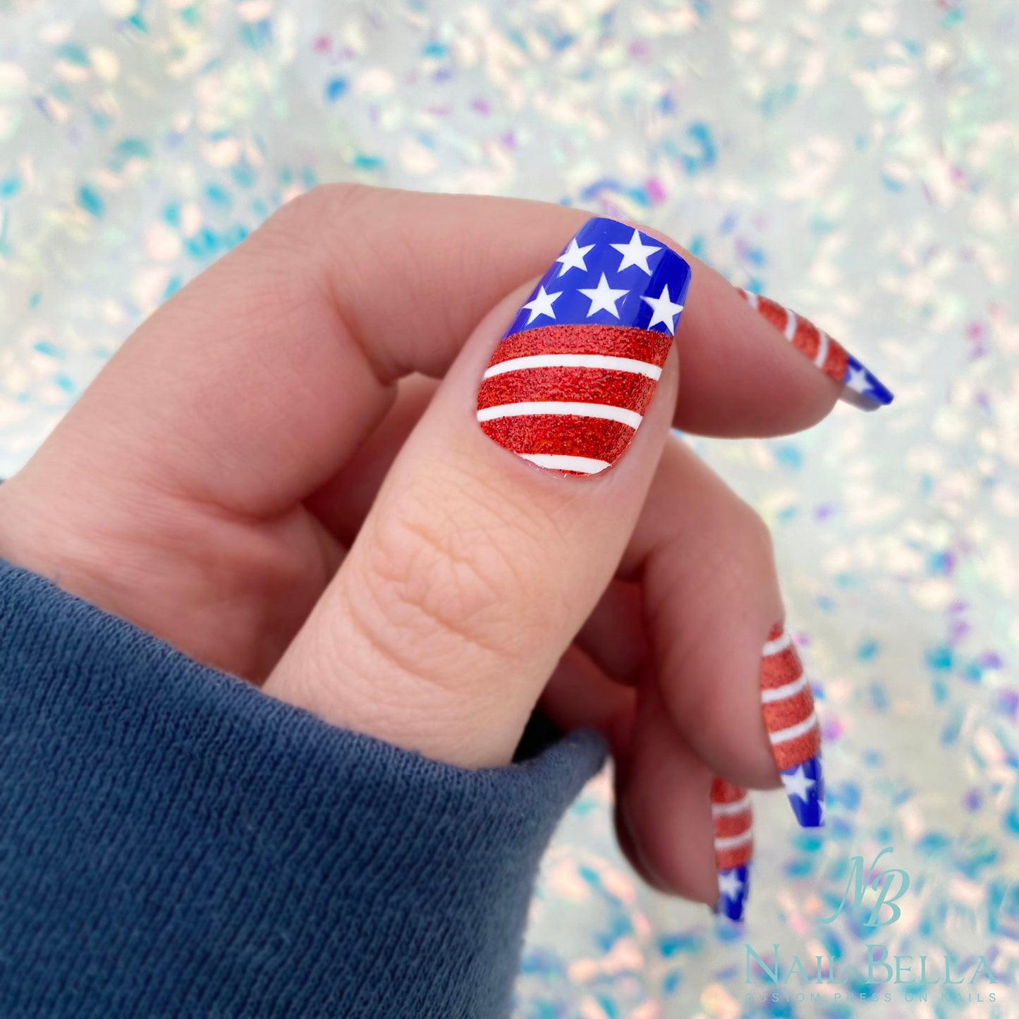 July Fourth Press on Nails | American Flag Press on Nails | Red white and Blue Fake Nails | False Nails | Glue On Nails | Flag Nails